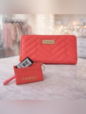 Bebe Sophia Coral Quilted Wallet Set NWT | Wristlet + Card Holder Gold Hardware
